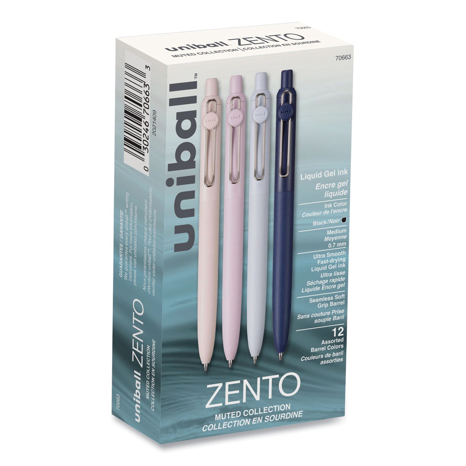 uniball-zento-gel-pen-retractable-medium-0-7-mm-black-ink-coastal-fog-ivory-lavender-barrel-colors-dozen-ubc70663_1
